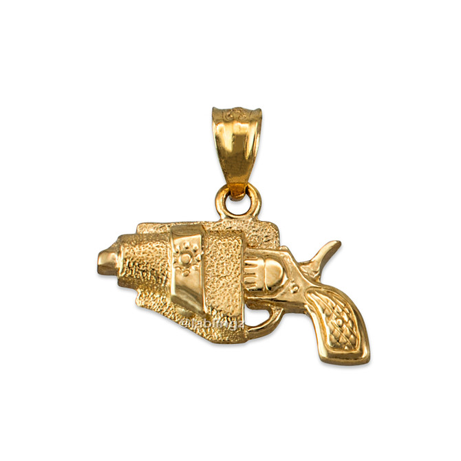 Yellow Gold Revolver Gun in Holster Charm Necklace