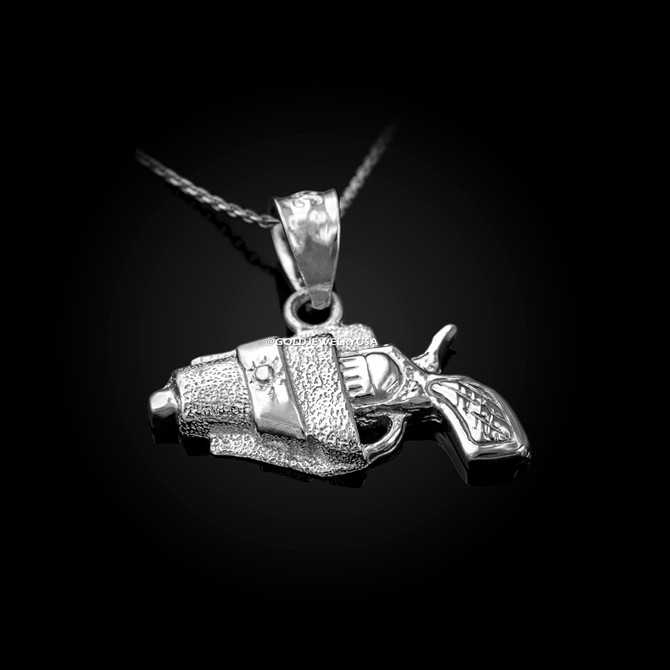 White Gold Revolver Gun in Holster Charm Necklace