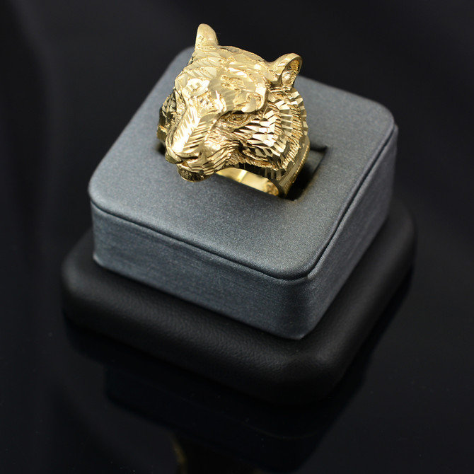 Mens Sparkle-Cut Yellow Gold Tiger Head Ring