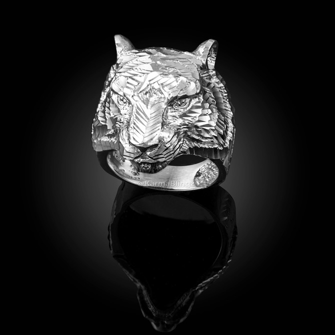 Mens Sparkle-Cut White Gold Tiger Head Ring