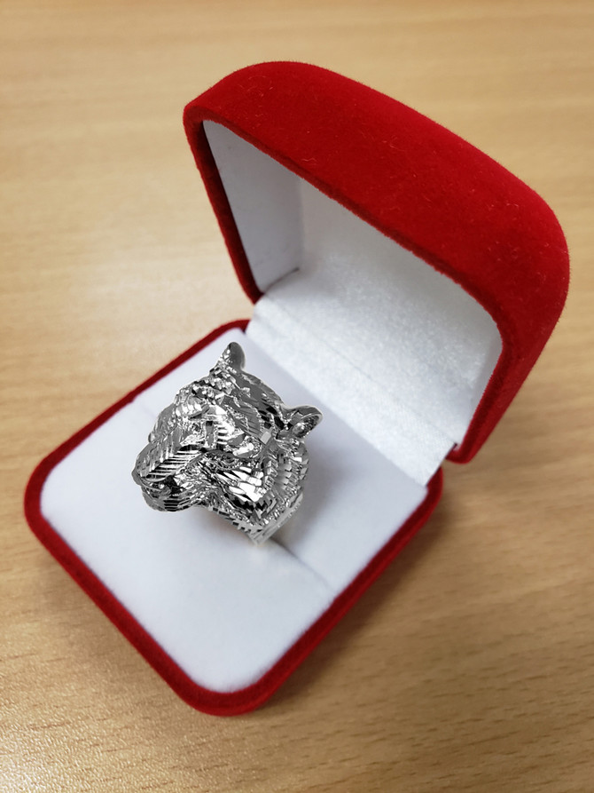 Mens Sparkle-Cut White Gold Tiger Head Ring