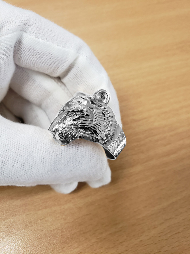Mens Sparkle-Cut White Gold Tiger Head Ring