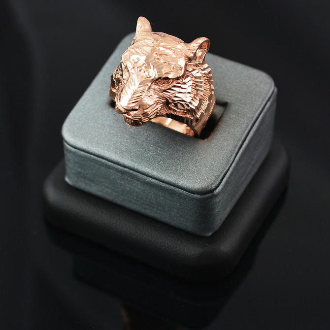 Mens Sparkle-Cut Rose Gold Tiger Head Ring