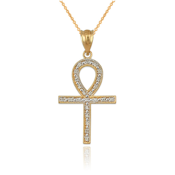 Diamond Yellow Gold Egyptian Ankh Cross Pendant Necklace