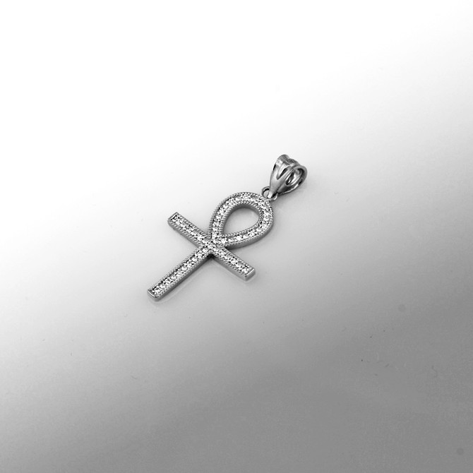 Diamond White Gold Egyptian Ankh Cross Pendant Necklace