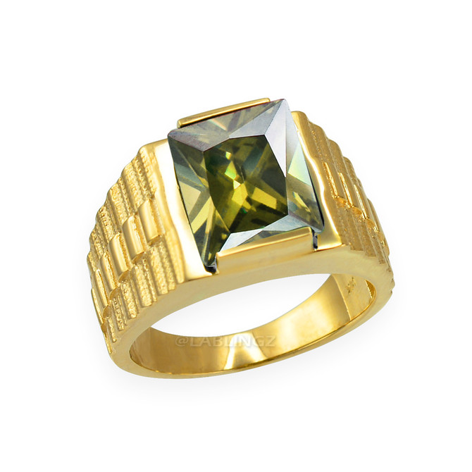 Mens Square CZ Birthstone Watchband Ring in Yellow Gold
