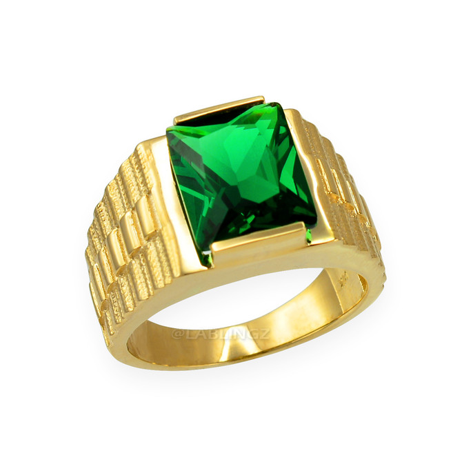 Mens Square CZ Birthstone Watchband Ring in Yellow Gold