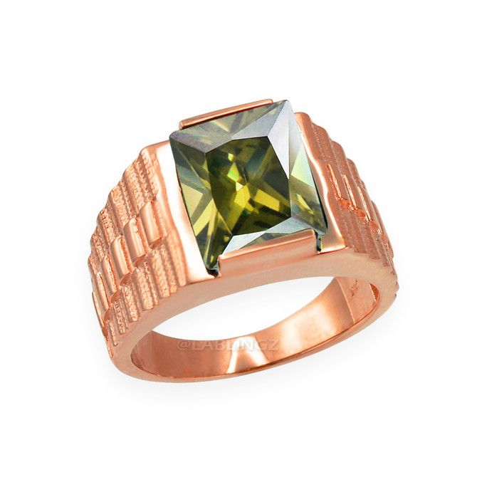 Mens Square CZ Birthstone Watchband Ring in Rose Gold
