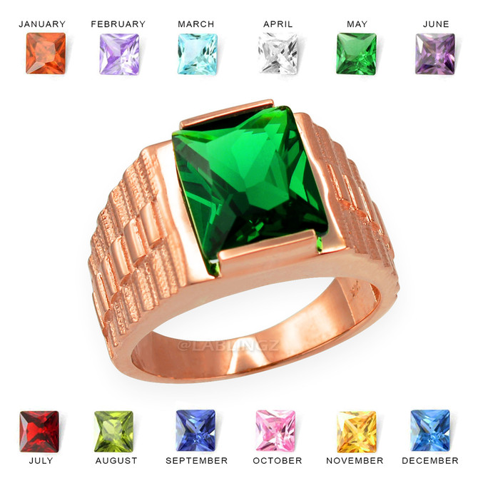 Mens Square CZ Birthstone Watchband Ring in Rose Gold