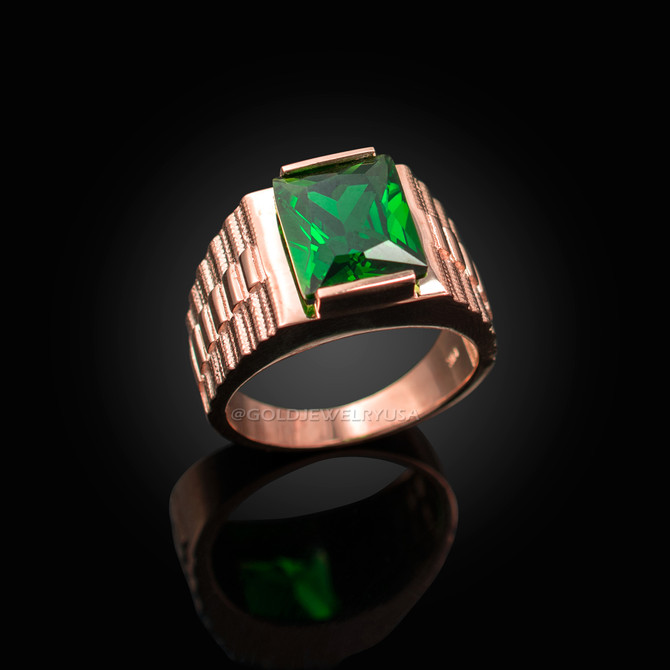 Mens Square CZ Birthstone Watchband Ring in Rose Gold