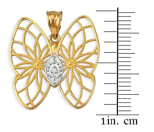 Yellow Gold Filigree Butterfly Diamond Pendant Necklace