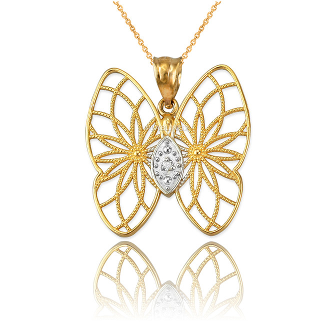Yellow Gold Filigree Butterfly Diamond Pendant Necklace