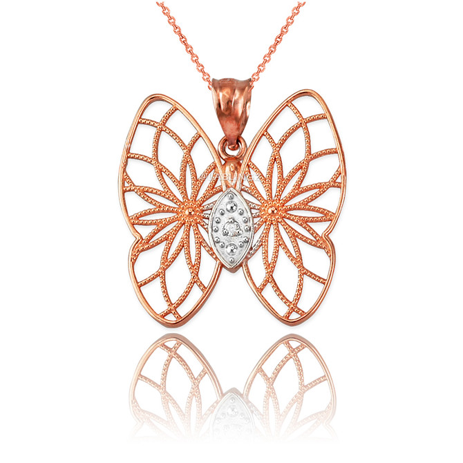 Rose Gold Filigree Butterfly Diamond Pendant Necklace