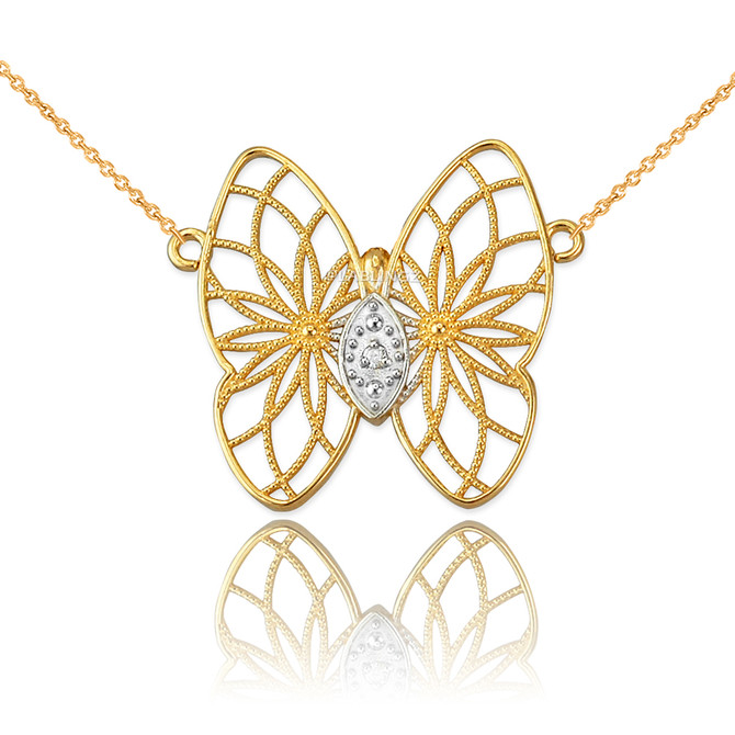 14K Yellow Gold Filigree Butterfly Diamond Necklace