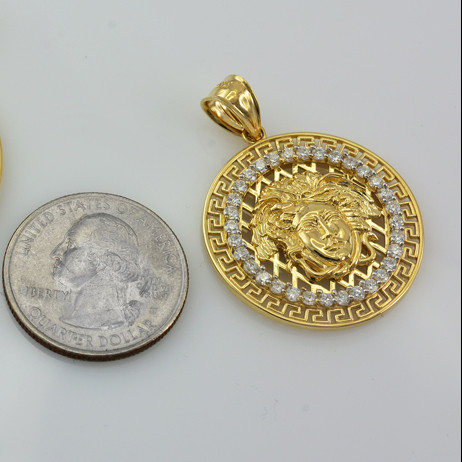 Yellow Gold Medusa CZ Medallion Pendant Necklace