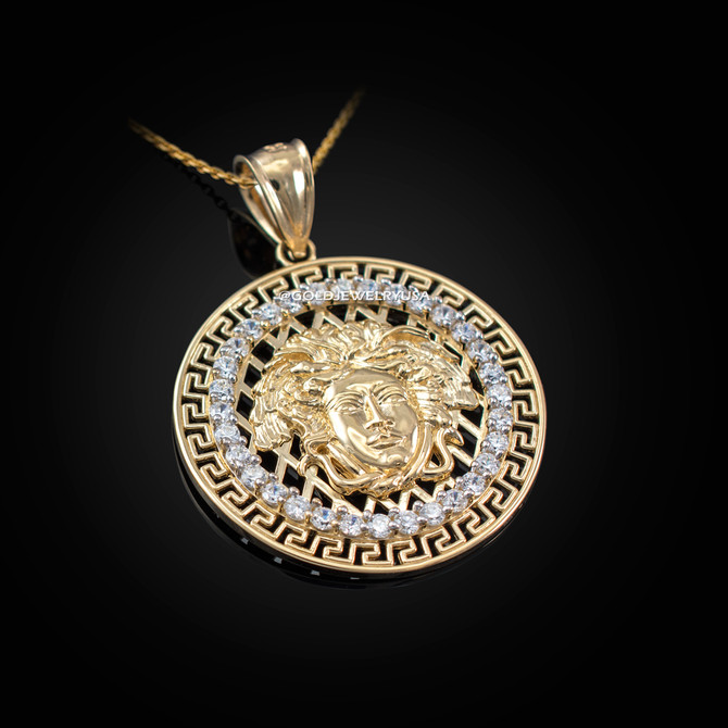 Yellow Gold Medusa CZ Medallion Pendant Necklace