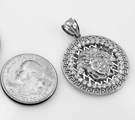 White Gold Medusa CZ Medallion Pendant Necklace