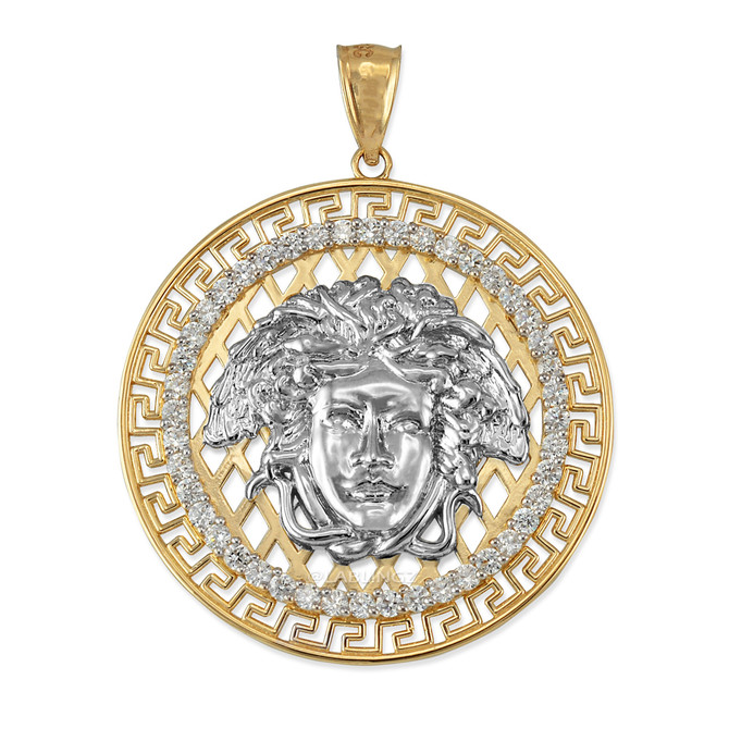 Two-Tone Yellow Gold Medusa CZ Medallion Pendant Necklace