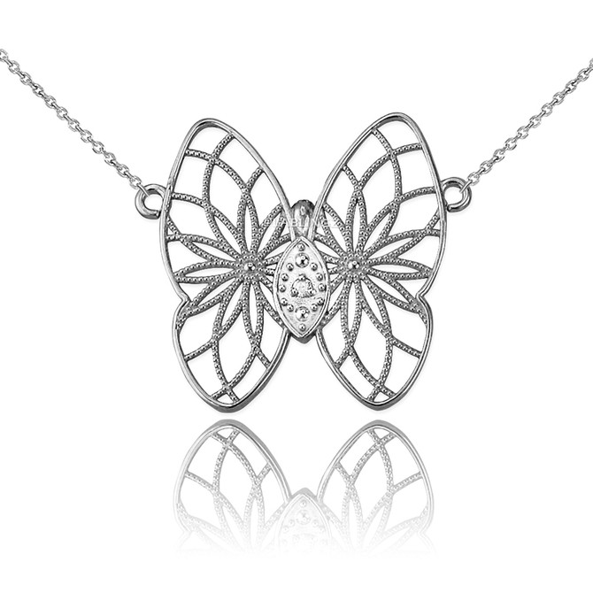 14K White Gold Filigree Butterfly Diamond Necklace