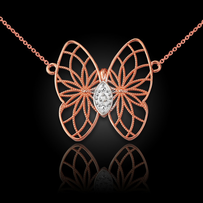 14K Rose Gold Filigree Butterfly Diamond Necklace