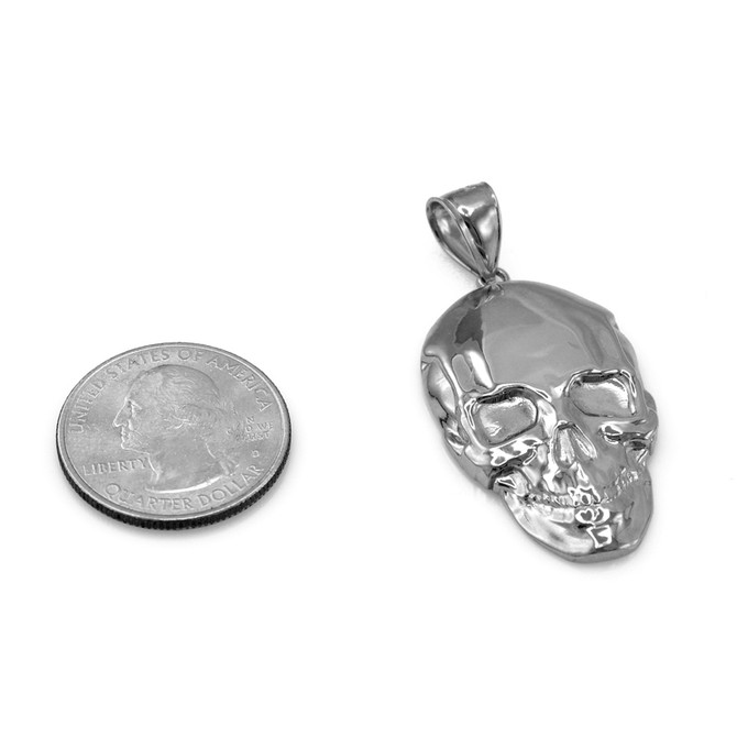 Polished White Gold Mens Skull  Pendant