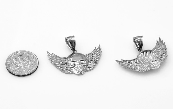 White Gold Skull with Wings Deaths Head Biker Pendant