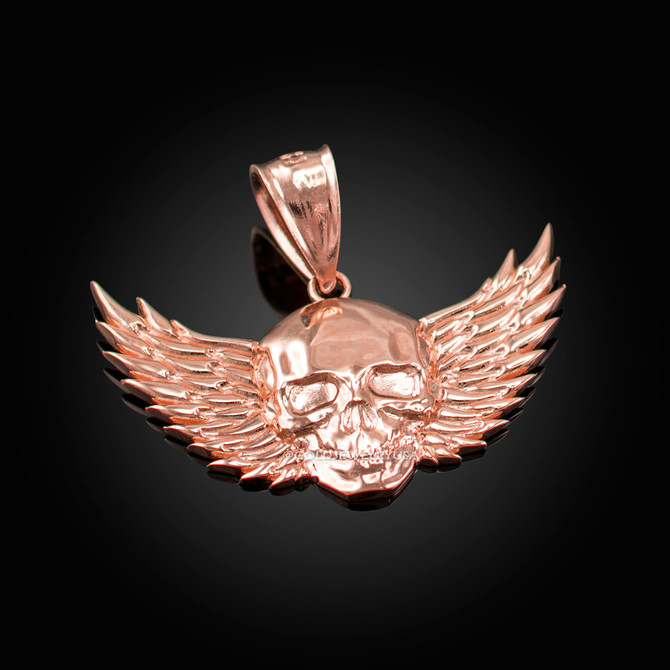 Rose Gold Skull with Wings Deaths Head Biker Pendant