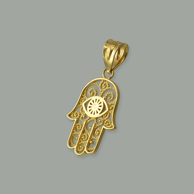 Yellow Gold Filigree Hamsa Evil Eye Charm Necklace