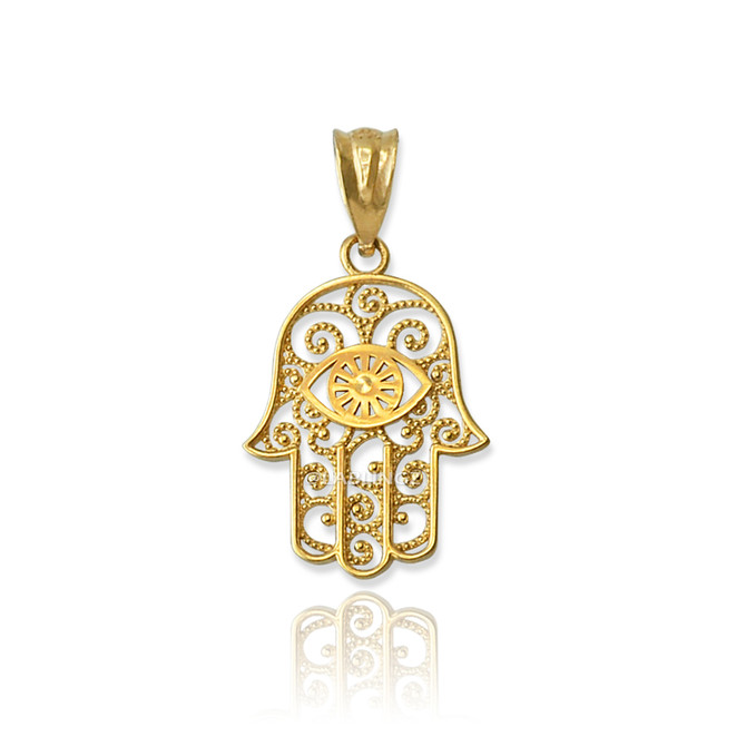 Yellow Gold Filigree Hamsa Evil Eye Charm Necklace