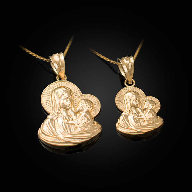 Yellow Gold Virgin Mary Baby Jesus Charm Necklace (S/L)