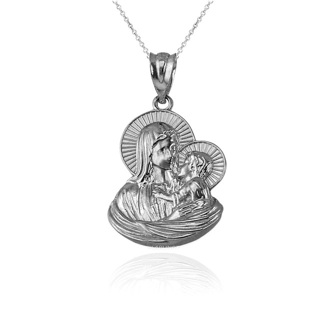 White Gold Virgin Mary Baby Jesus Charm Necklace (S/L)