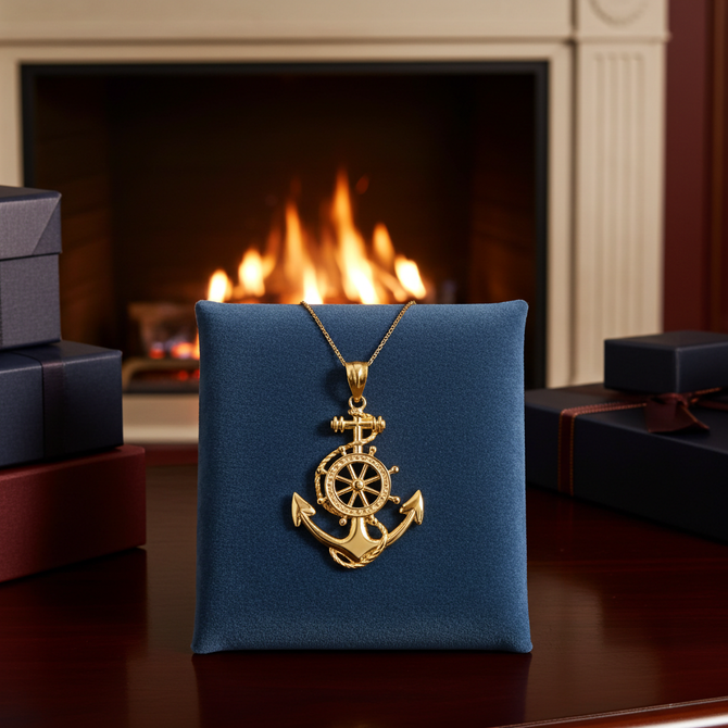 Yellow Gold Nautical Anchor Pendant Necklace