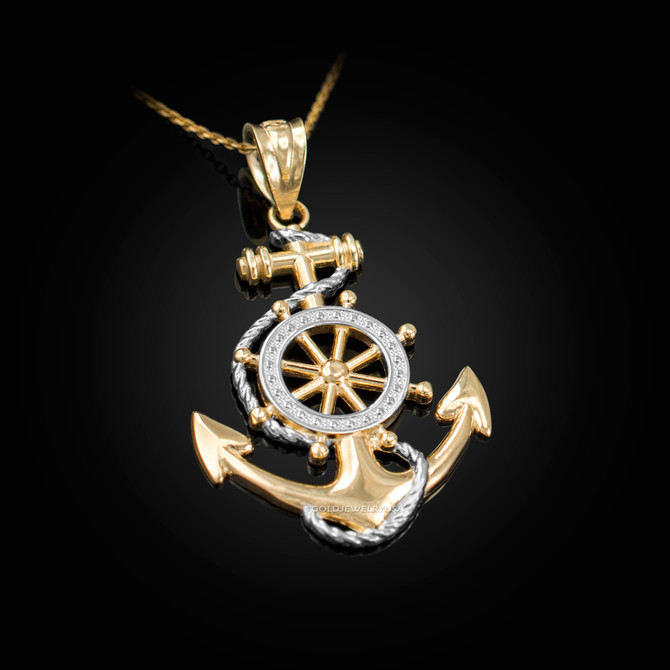 Two-Tone Yellow Gold Nautical Anchor Pendant Necklace