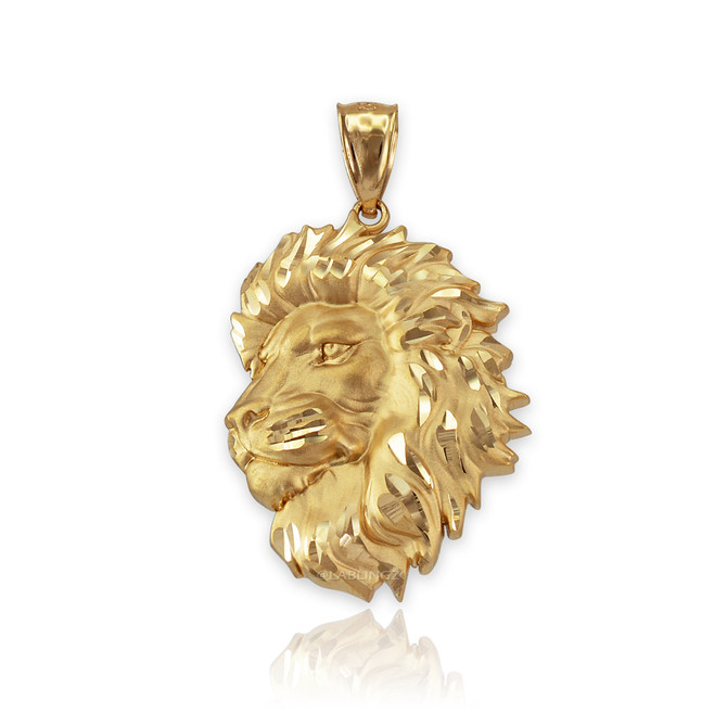 Yellow Gold Lion Face Sparkle Cut Pendant Necklace