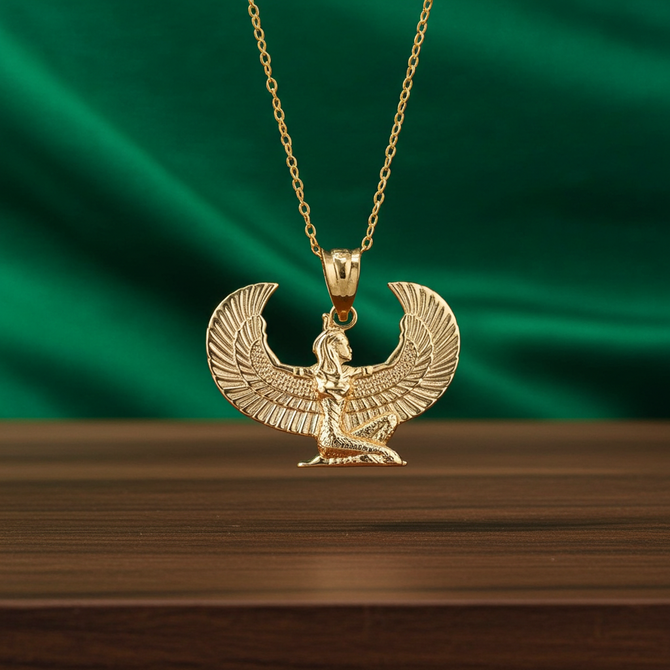 Gold Egyptian Isis Winged Goddess Pendant Necklace