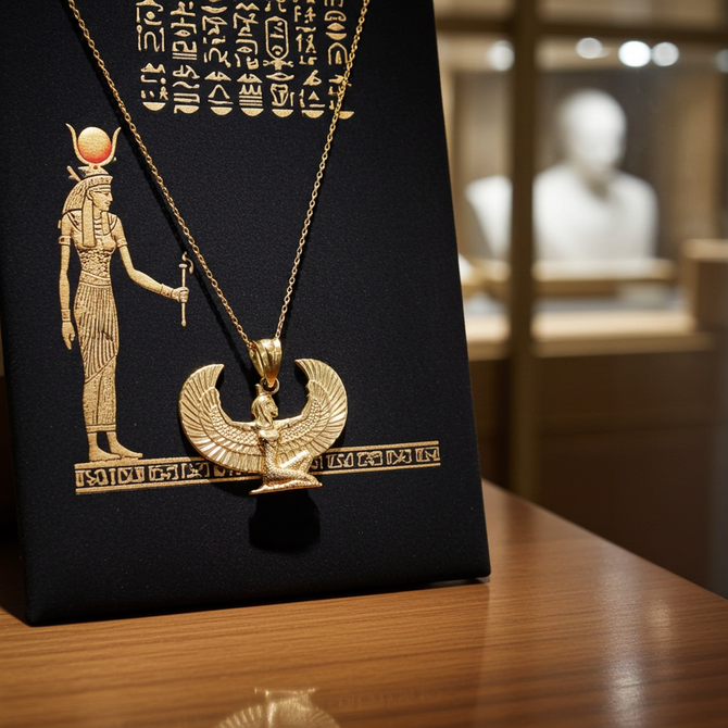 Gold Egyptian Isis Winged Goddess Pendant Necklace
