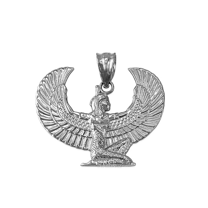 White Gold Egyptian Isis Winged Goddess Pendant Necklace