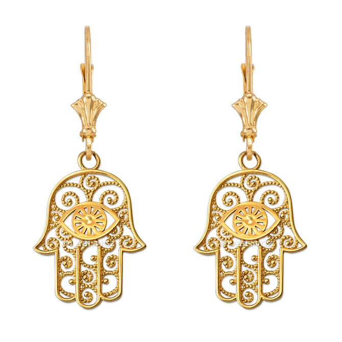 14K Yellow Gold Filigree Hamsa Evil Eye Earrings