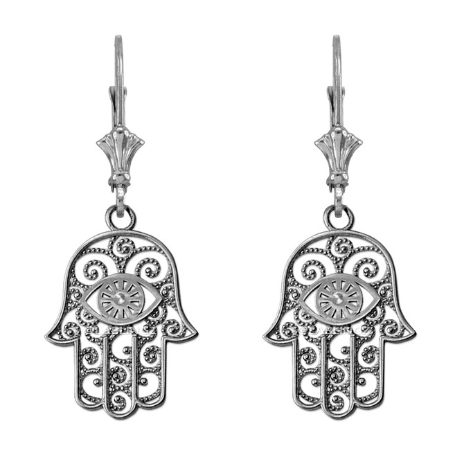 14K White Gold Filigree Hamsa Evil Eye Earrings