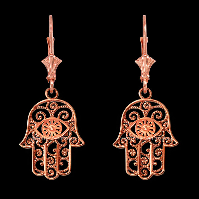 14K Rose Gold Filigree Hamsa Evil Eye Earrings