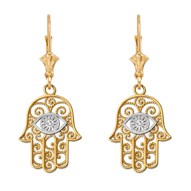 14K Two-tone Gold Filigree Hamsa Evil Eye Earrings