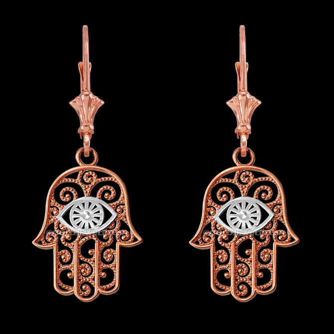 14K Two-tone Rose Gold Filigree Hamsa Evil Eye Earrings