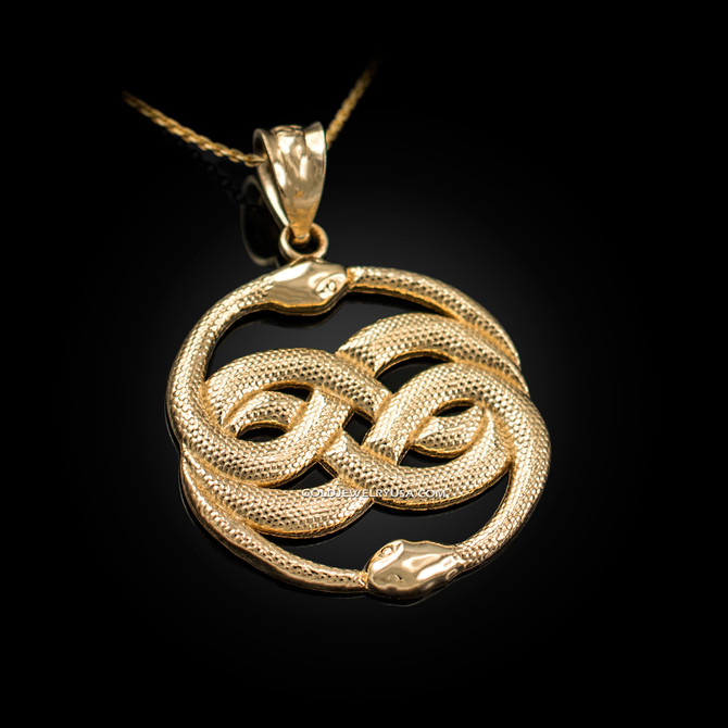 Yellow Gold Double Infinity Ouroboros Snakes Pendant Necklace