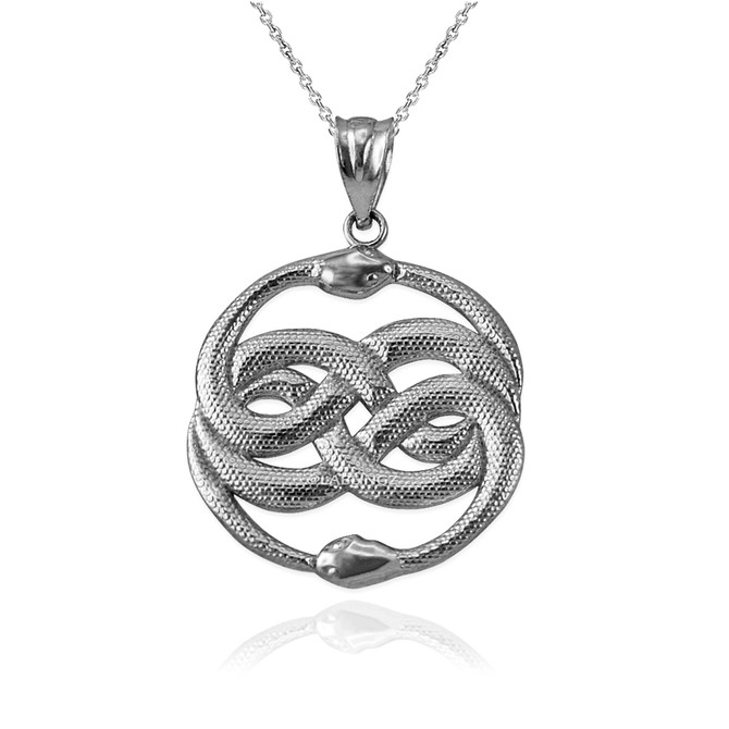 White Gold Double Infinity Ouroboros Snakes Pendant Necklace