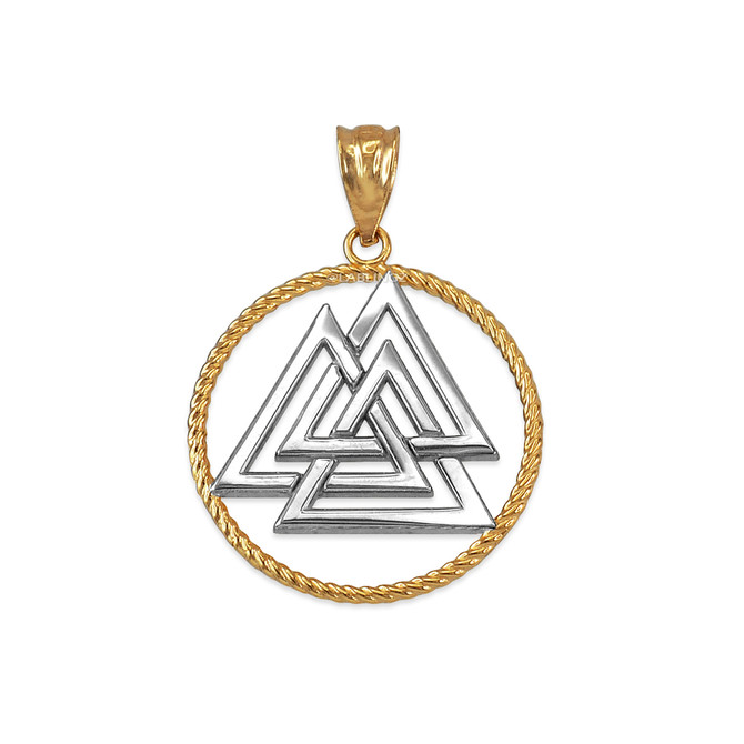 Two-tone Yellow Gold Viking Valknut Pendant Necklace