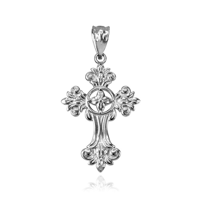 White Gold Fleury Cross Charm Necklace