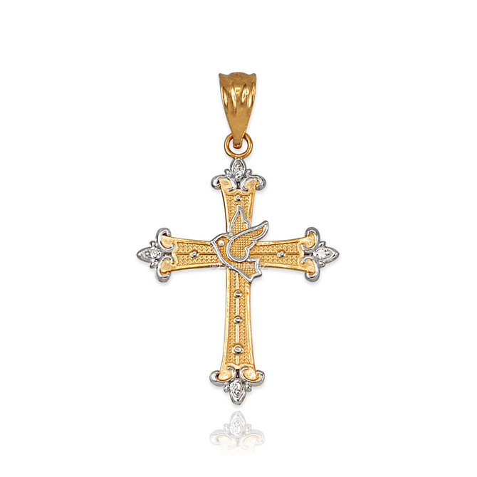 Yellow Gold Holy Spirit Dove Cross Diamond Pendant Necklace