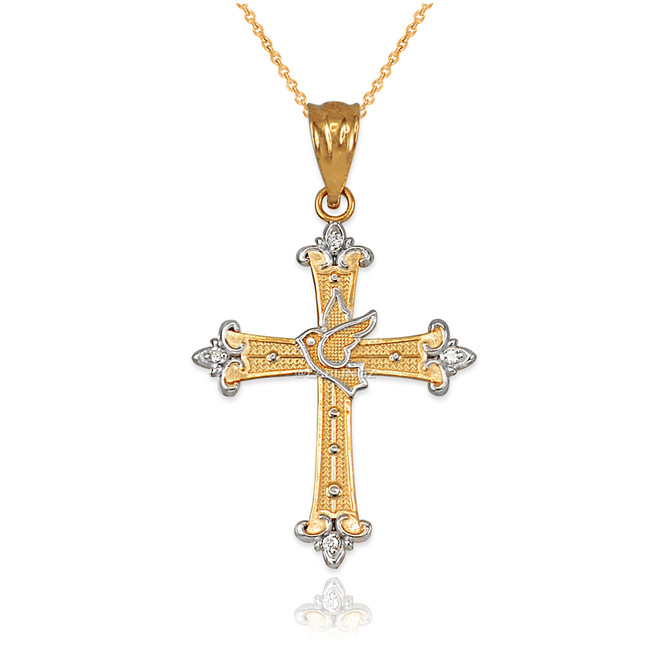 Yellow Gold Holy Spirit Dove Cross Diamond Pendant Necklace