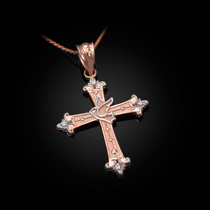 Rose Gold Holy Spirit Dove Cross Diamond Pendant Necklace