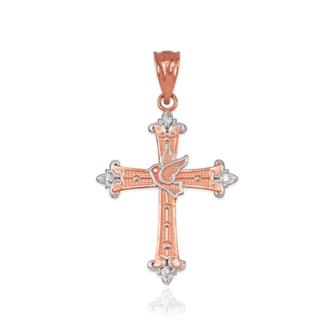 Rose Gold Holy Spirit Dove Cross Diamond Pendant Necklace